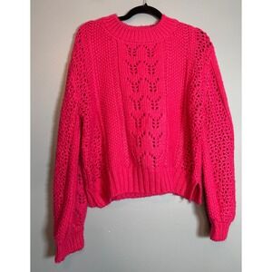 ALYA Women's L Pink Acrylic Knit Sweater Crochet Lace Detail Long Sleeve
